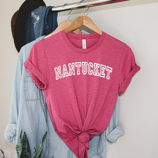 Nantucket Massachusetts shirt for her, cute varsity preppy style nantucket graphic tee