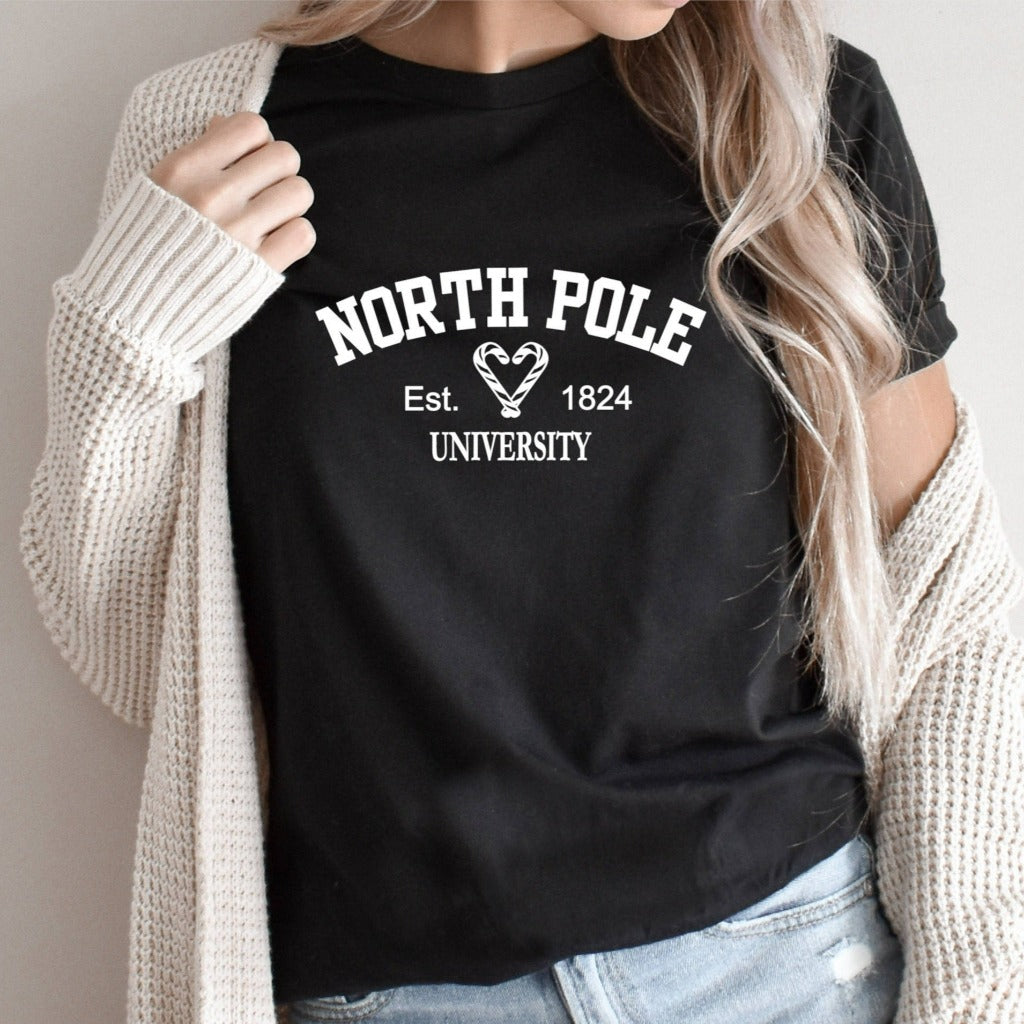 North Pole university shirt, cute christmas graphic tee for her, preppy christmas tshirt, christmas gift for her, christmas party outfit
