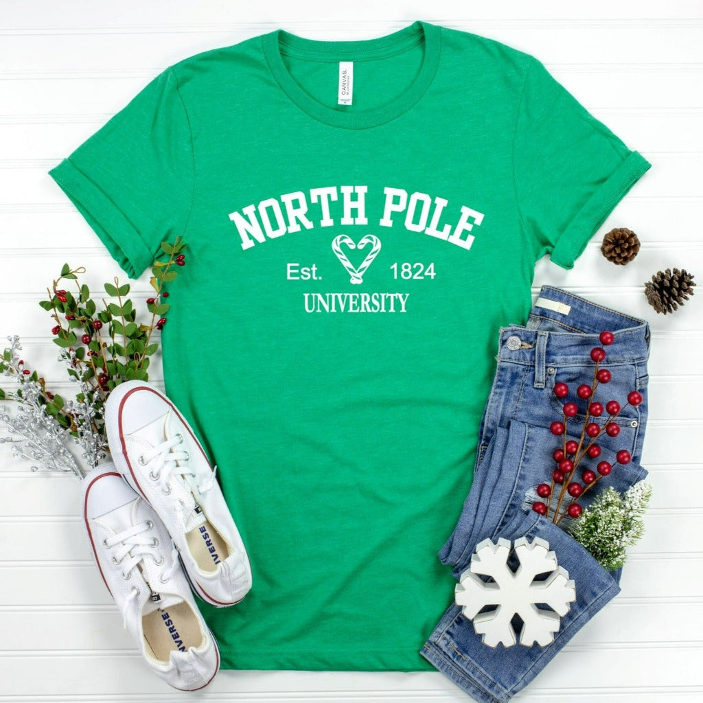 North Pole university shirt, cute christmas graphic tee for her, preppy christmas tshirt, christmas gift for her, christmas party outfit