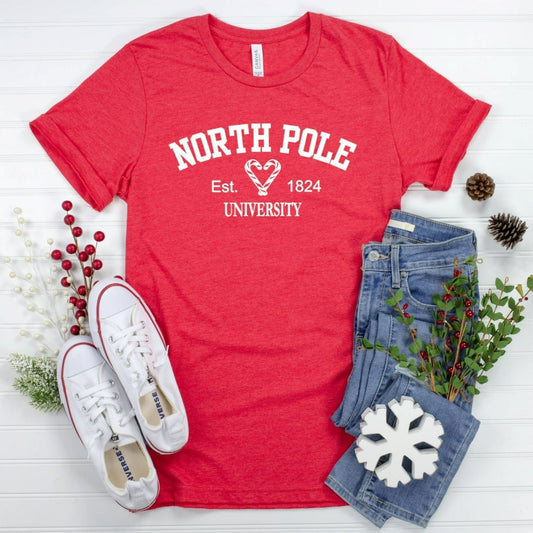 North Pole university shirt, cute christmas graphic tee for her, preppy christmas tshirt, christmas gift for her, christmas party outfit