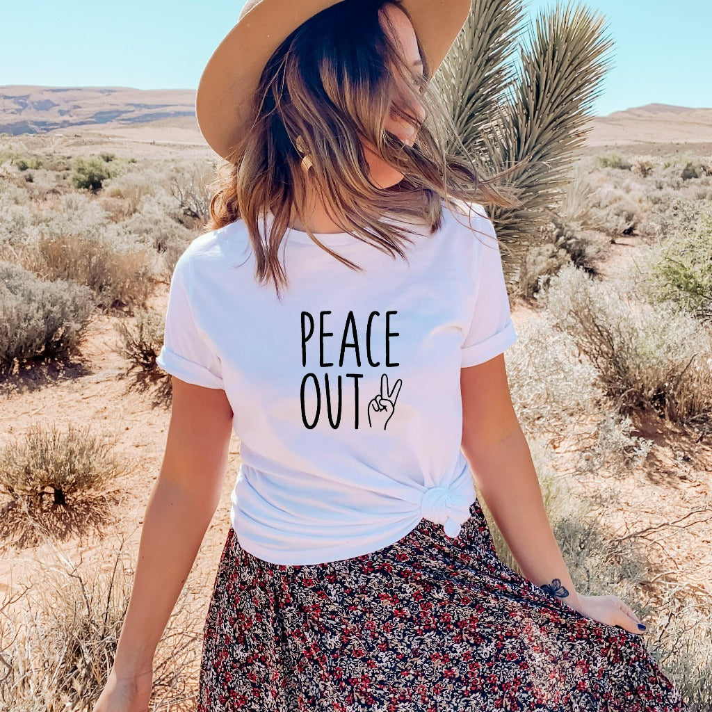 Peace Out graphic tee shirt, peace fingers, peace sign boho retro hippie shirt