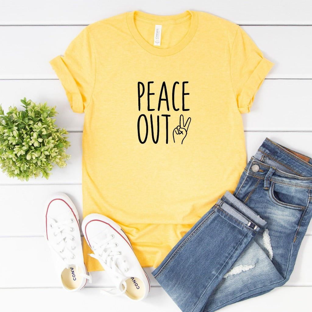 Peace Out graphic tee shirt, peace fingers, peace sign boho retro hippie shirt