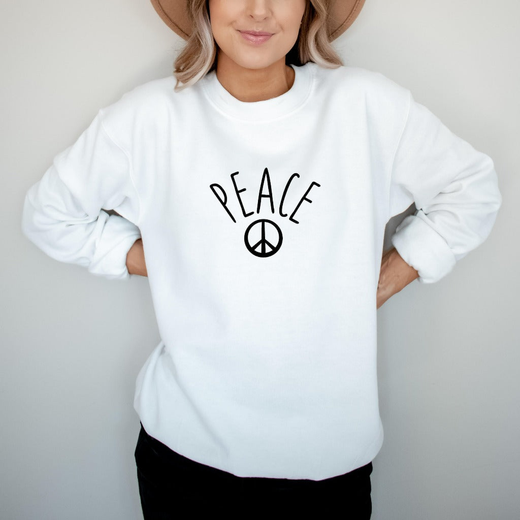 peace sign crewneck sweatshirt, gildan, peace love boho