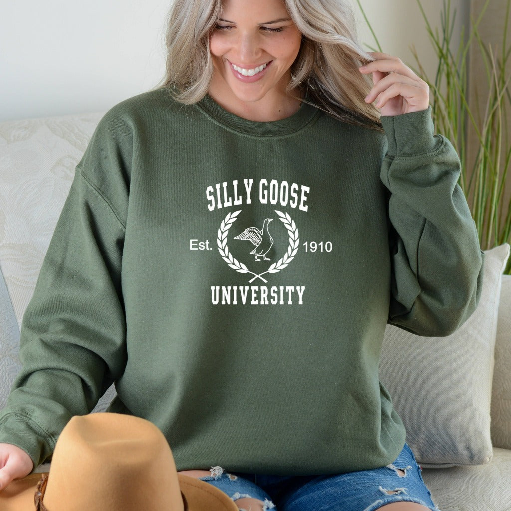Silly Goose University Crewneck Sweatshirt, Unisex Silly Goose University Shirt, Funny Men's Sweatshirt, Funny Gift for Guys, Funny Goose