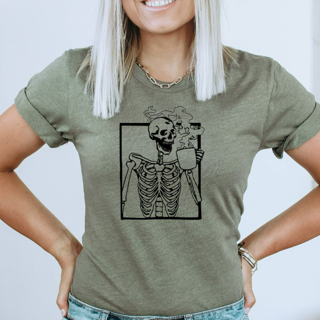 skeleton drinking hot coffee shirt, cute halloween skeleton graphic tee, gift for coffee lovers, coffee addict tshirt