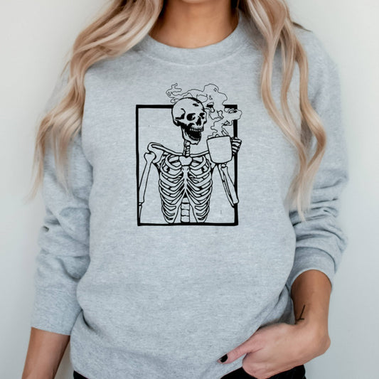 Skeleton Drinking coffee crewneck sweatshirt, hot coffee skeleton shirt, halloween shirt for coffee addicts, cute halloween party shirt for her