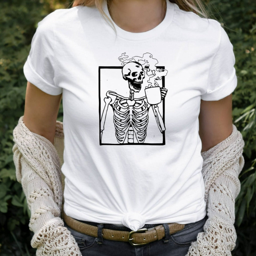skeleton drinking hot coffee shirt, cute halloween skeleton graphic tee, gift for coffee lovers, coffee addict tshirt