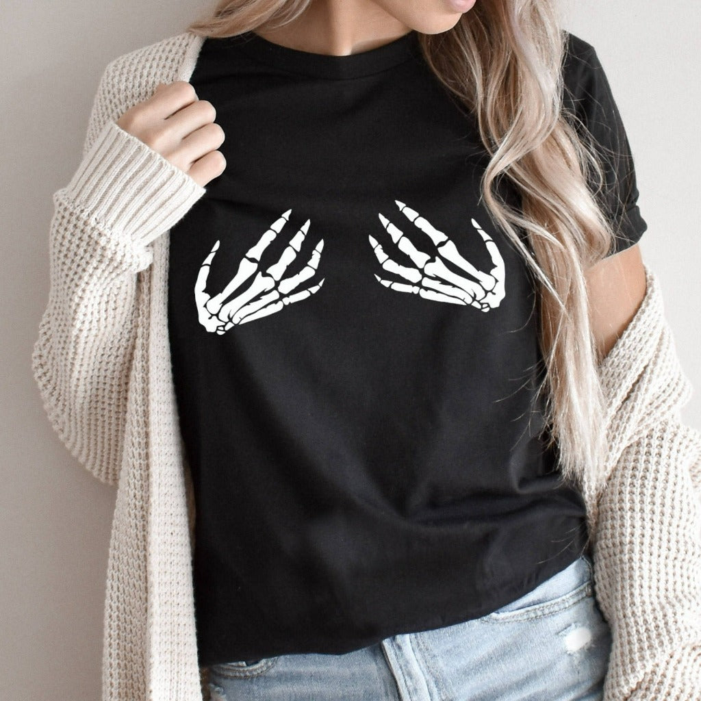 Skeleton hands halloween shirt for her, funny halloween party costume graphic tee