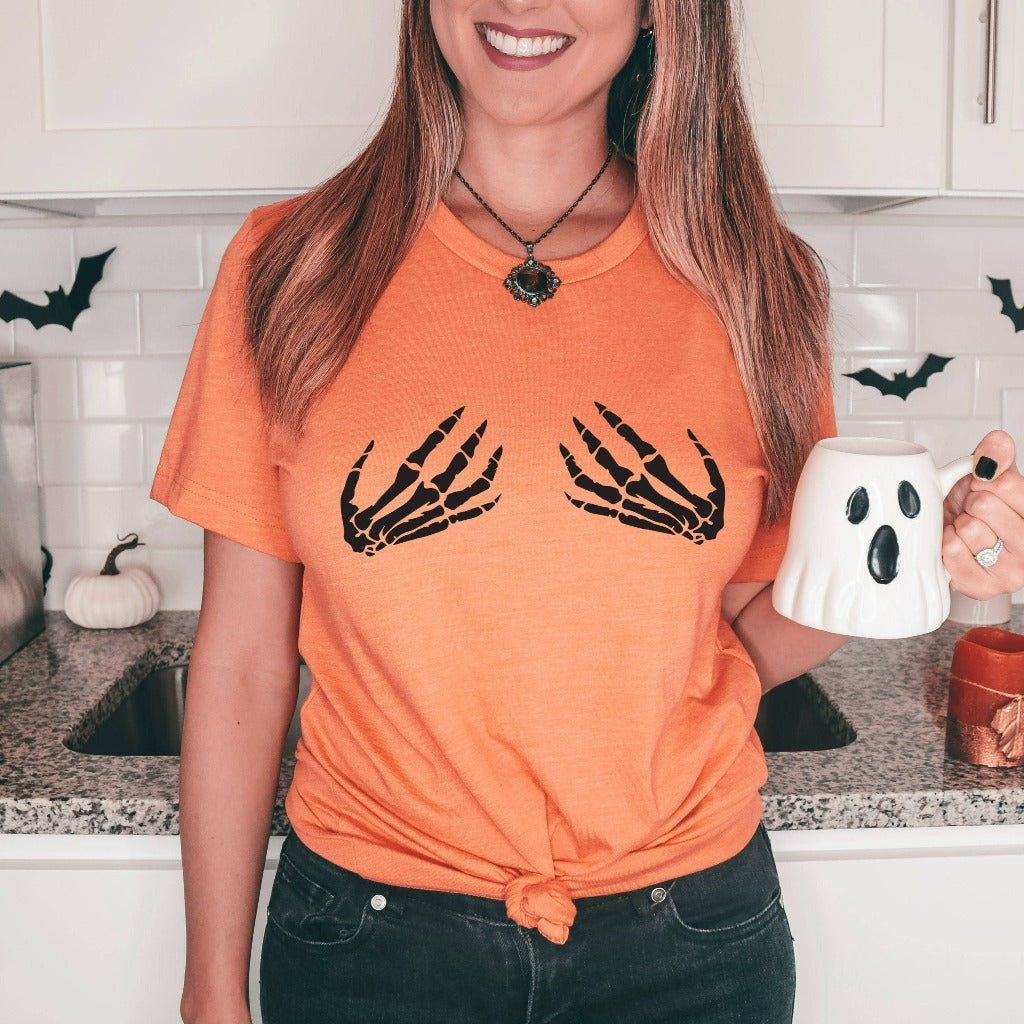 Skeleton hands halloween shirt for her, funny halloween party costume graphic tee