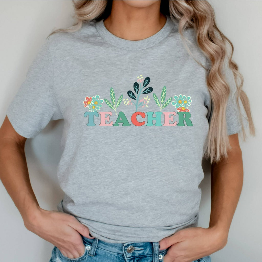 floral teacher shirt, cute pastel teacher graphic tee, teacher appreciation gift, back to school shirt for her