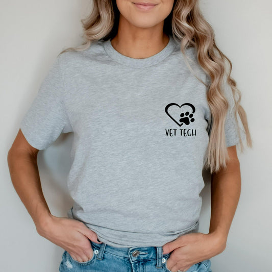 vet tech shirt, pocket vet tech with heart and paw print, matching veterinary office tshirts, veterinarian shirts, vet tech week graphic tee