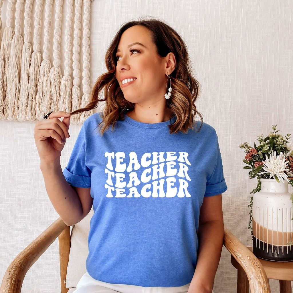 retro style teacher shirt with wavy letters, teacher appreciation gift for elementary kindergarten, gift for new teacher