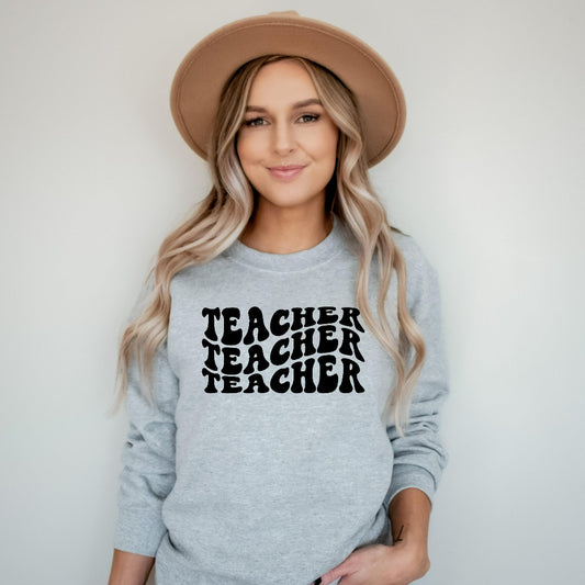 retro style teacher crewneck sweatshirt with wavy letters, teacher appreciation gift for elementary kindergarten, gift for new teacher