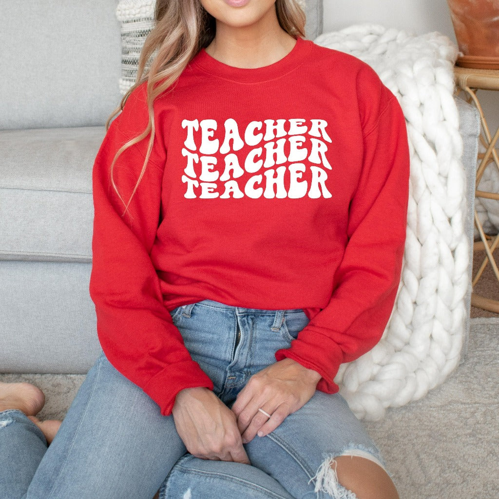 retro style teacher crewneck sweatshirt with wavy letters, teacher appreciation gift for elementary kindergarten, gift for new teacher